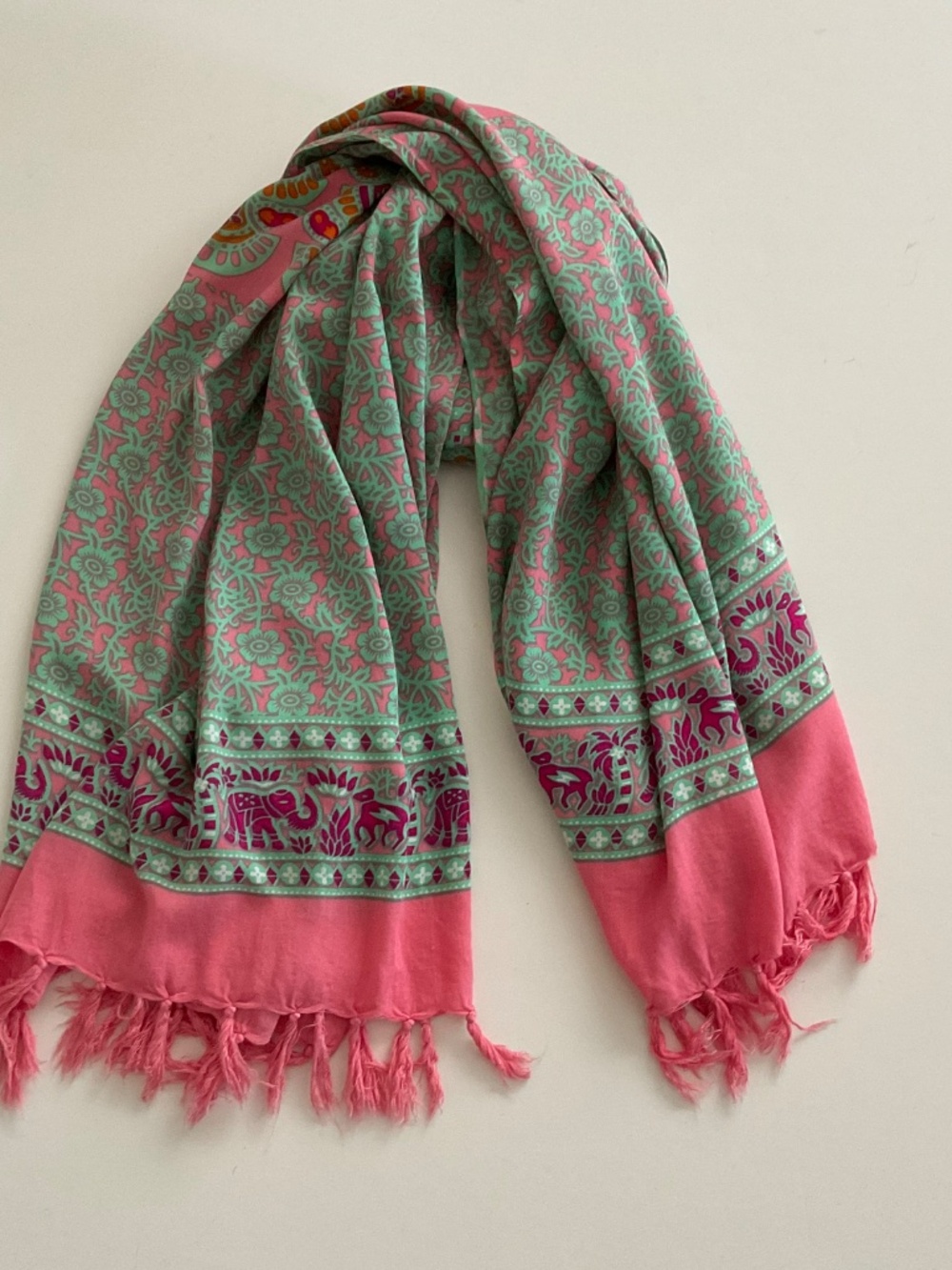Elephant Mandala Print Sarong Scarf Pink Green Beach Fringe Boho Yoga Festival - Picture 3 of 7